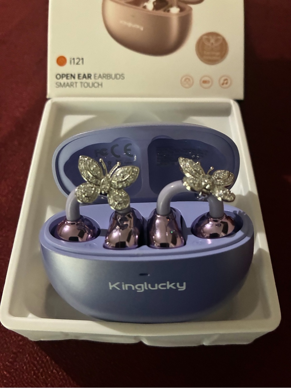 Kinglucky Purple Wireless Earbuds with Crystal Butterfly Charms